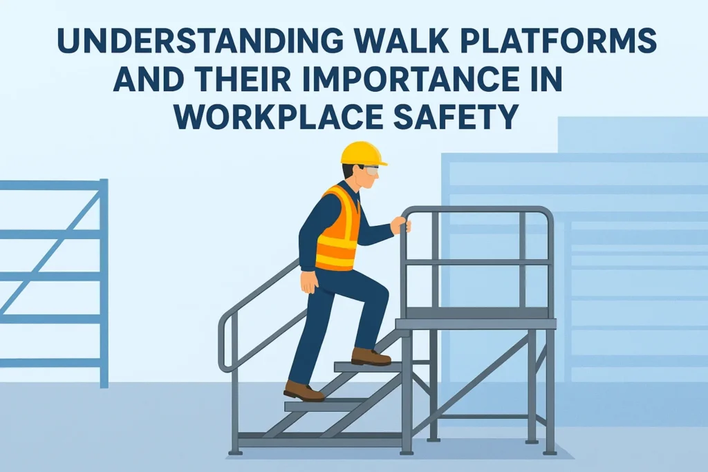 Worker climbing industrial walk platform