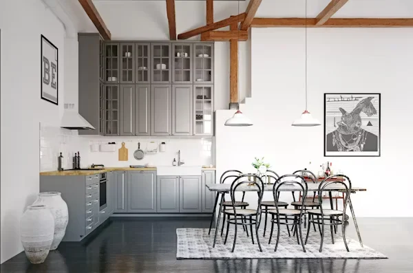a kitchen with a dining table