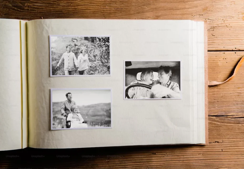 a photo album with black and white pictures