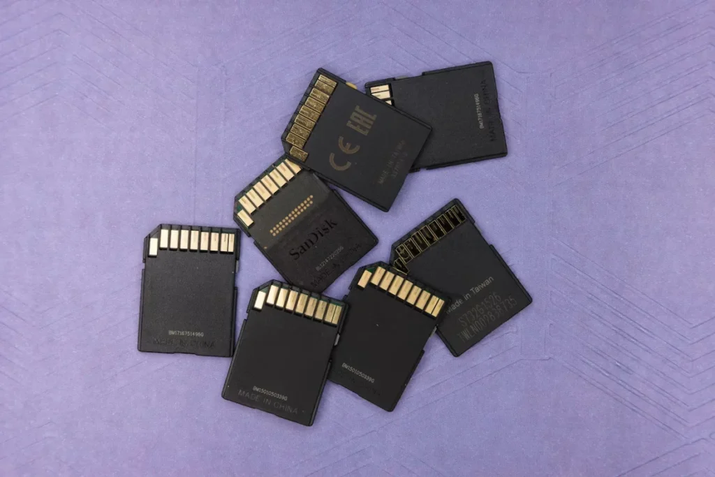 black SD cards on table