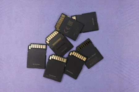 black SD cards on table