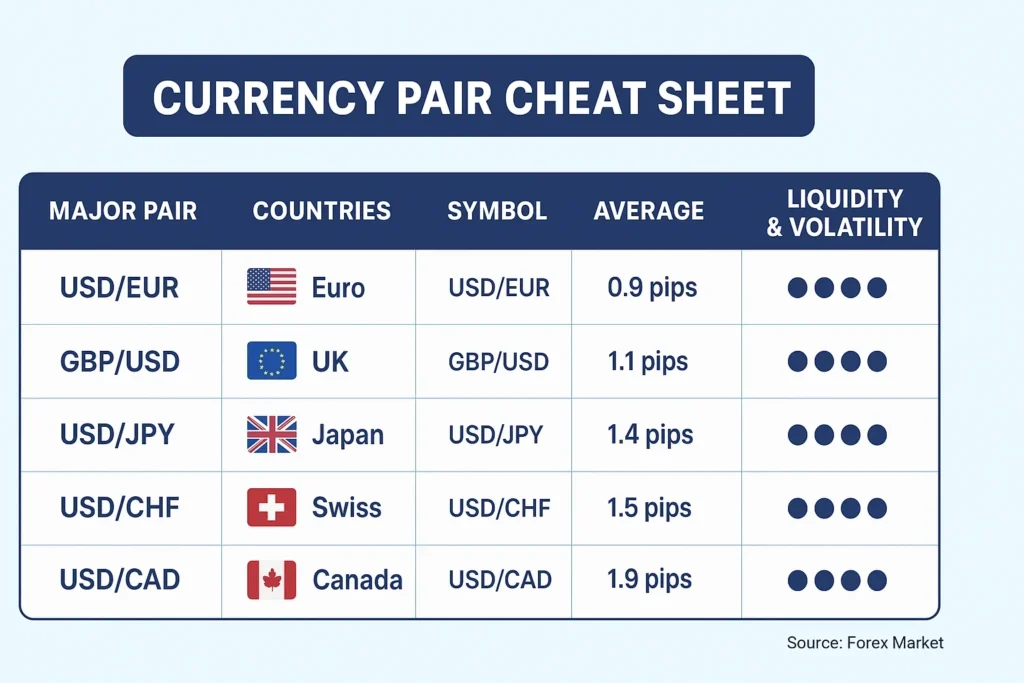 Major currency pairs overview table