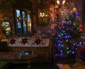 a room with christmas treen