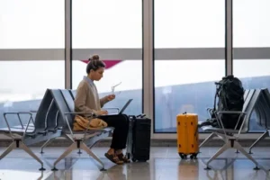 Digital Security Tips to Stay Safe While Traveling a woman using laptop while sitting at airport
