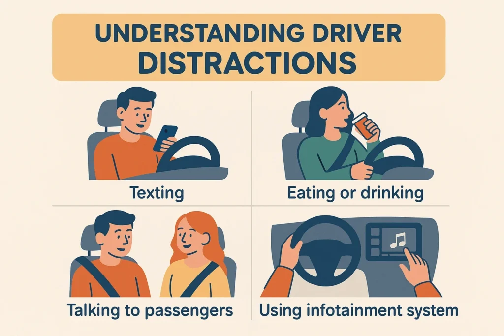 Staying Alert: The Key to Safer Roads Driver distraction safety infographic illustration