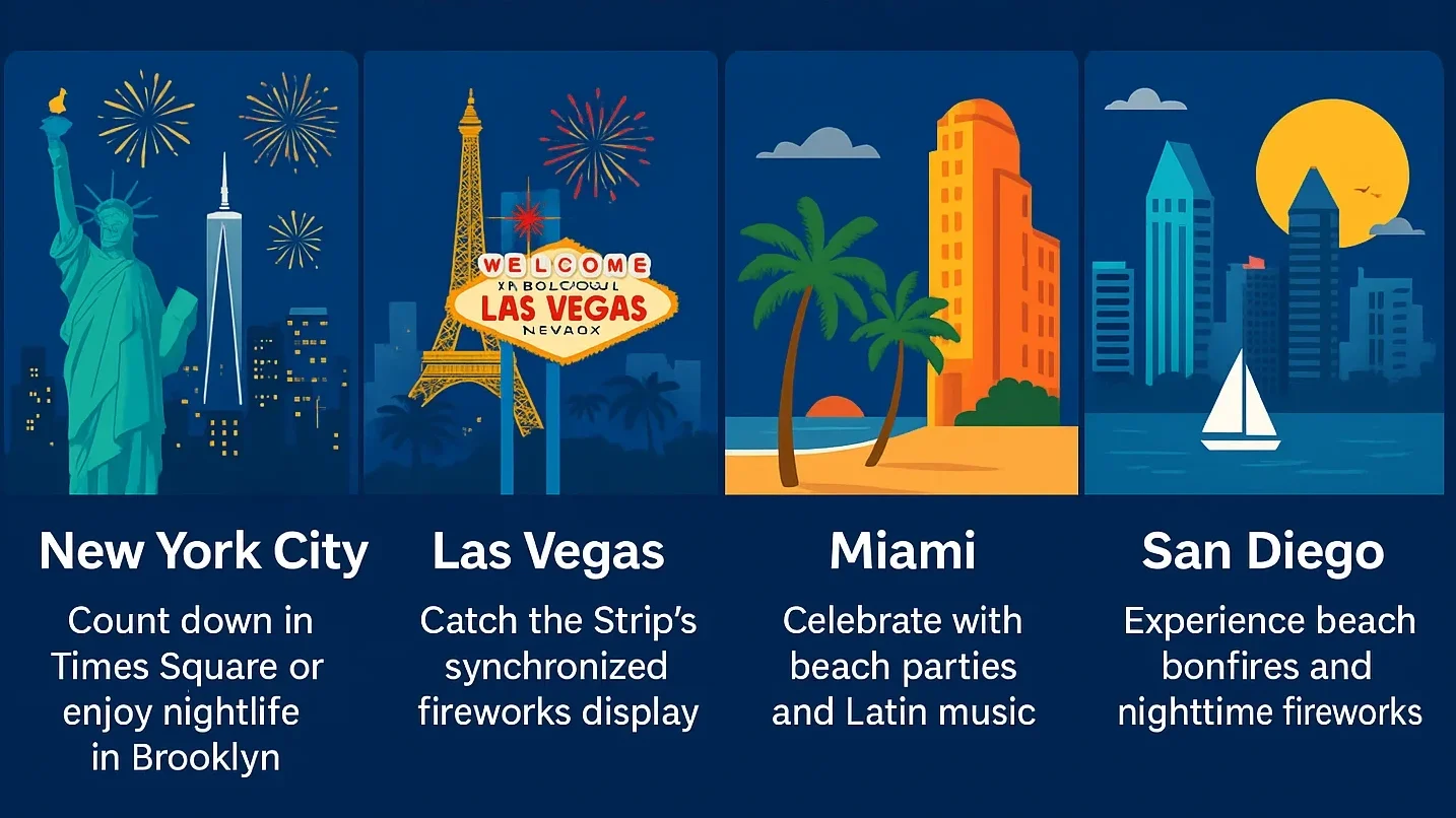 Your New Year Travel Guide: Best Places to Visit Across the USA New Year city celebration infographic