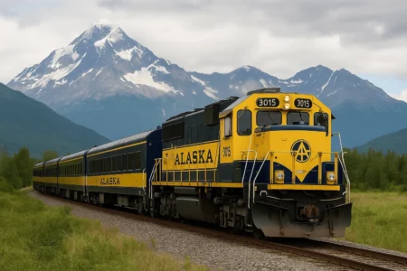 Alaska Railroad train traveling from Anchorage to Fairbanks through Alaska wilderness
