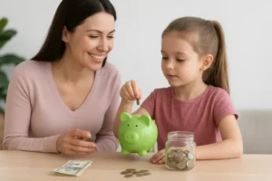 Mother-teaching-child-saving-money