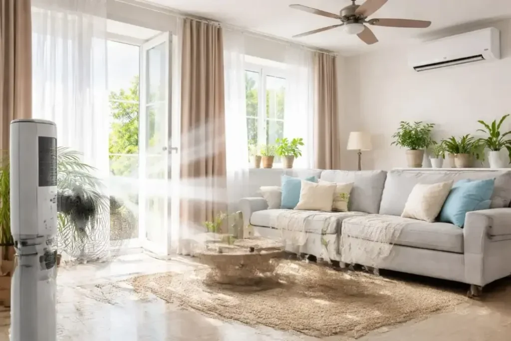 Bright and airy living room with fans