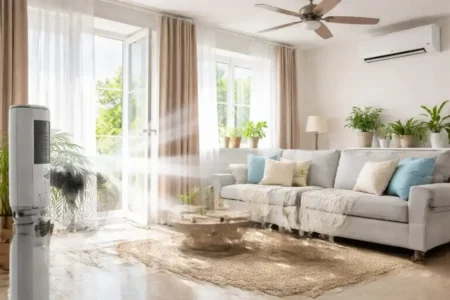 Bright and airy living room with fans