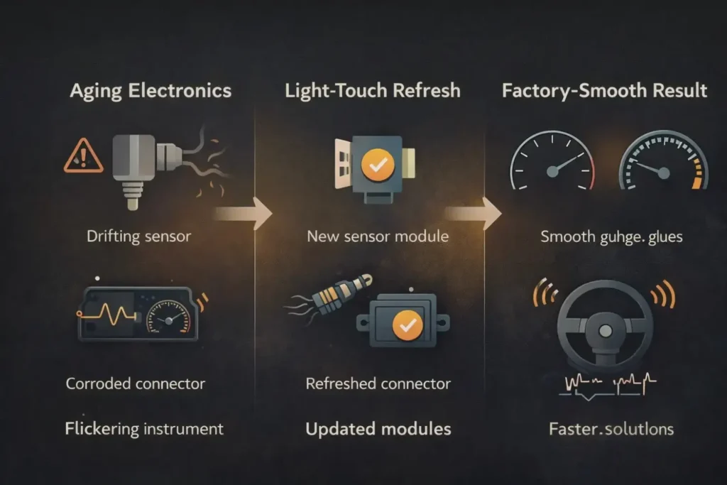 How Owners Keep Older Builds Sharp With Modern Replacement Options Car electronics maintenance stages infographic