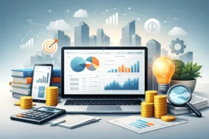 Financial software and technology workspace