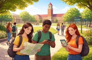 New students exploring campus on a sunny day.