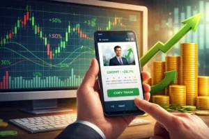 Smartphone and trading charts with profits