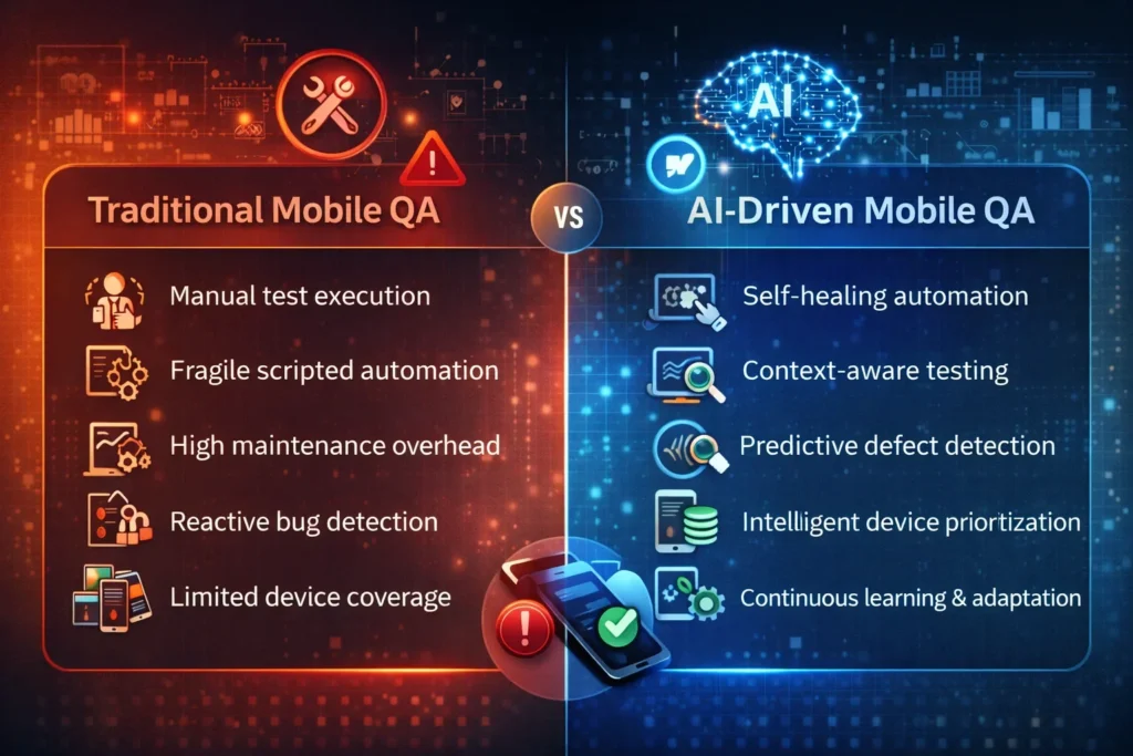 How AI Is Revolutionizing Mobile App Quality Assurance Traditional vs AI driven mobile QA comparison 1