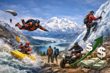 Extreme sports tourism in Alaska featuring skydiving, glacier climbing, kayaking, and ATV riding with mountain landscape showing adventure travel growth