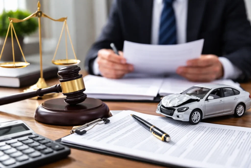 Legal settlement details and justice symbols