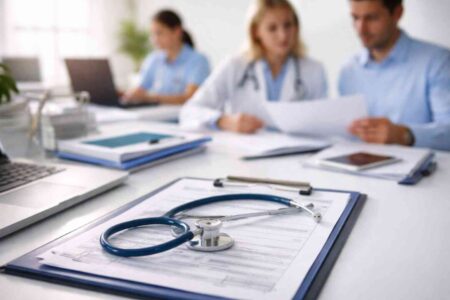 Medical professionals collaborating on credentials