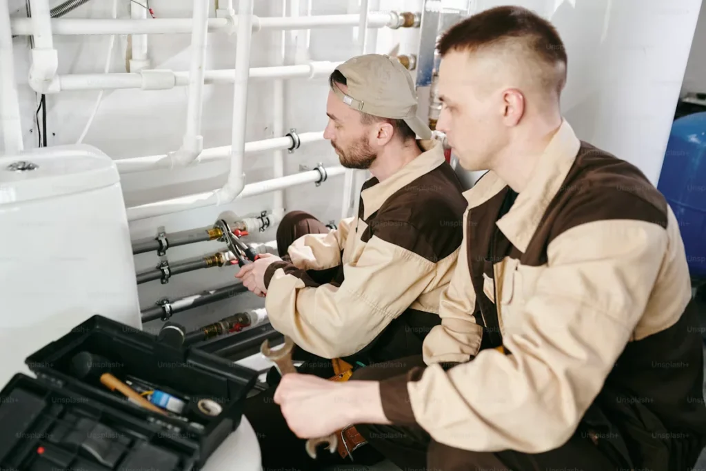 two plumbers repairing pipes