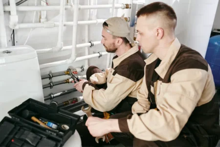 two plumbers repairing pipes