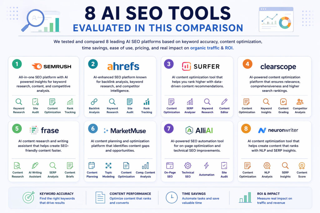 Overview graphic showing the 8 AI SEO tools evaluated in this comparison
